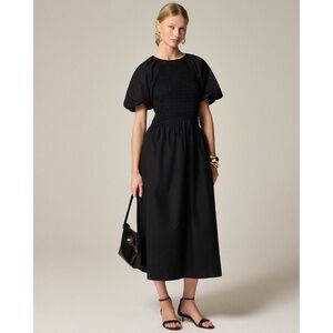 NWT!! J. CREW Meadow Dress Smocked Cotton Poplin Solid Black Midi Small Tall